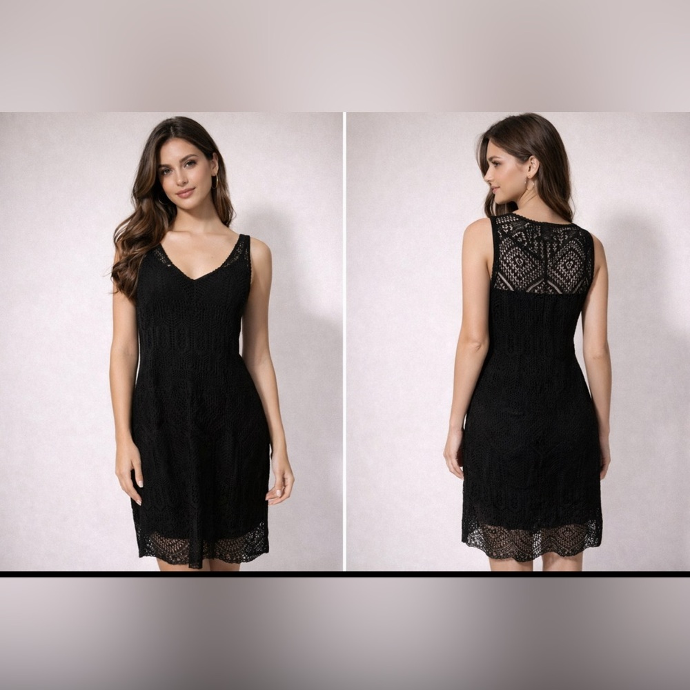 Ralph Lauren Crochet Linen Dress W Slip L Large Black NWT $199 Washable